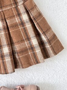 SHEIN 1件女嬰學院風復古休閒洋裝，棕色羊毛格紋荷葉邊迷你裙洋裝，秋冬新款日常穿搭 - 棕色 - 查看 7