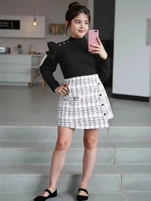 SHEIN Tween女孩優雅兩件套套裝，羅紋小高領荷葉邊長袖上衣與裝飾鈕扣格紋不對稱裙，適合派對與日常場合 - 彩色 - 查看 9