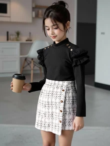 SHEIN Tween Girls Elegant 2‑Piece Outfit, Ribbed Mock‑Neck Ruffle Long‑Sleeve Top & Decorative Button Plaid Asymmetrical Skirt For Party Daily Occasions - Multicolor - View 1