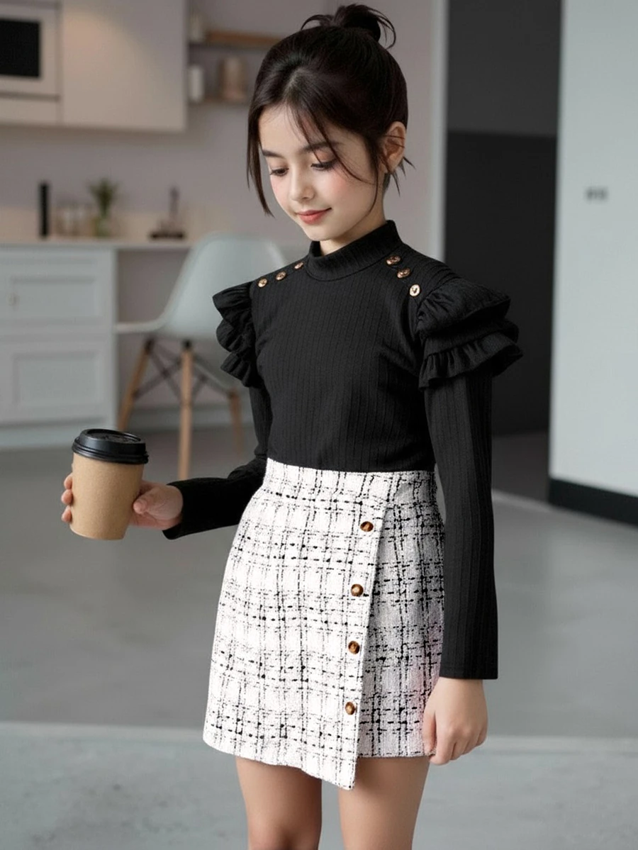 SHEIN Tween Girls Elegant 2‑Piece Outfit, Ribbed Mock‑Neck Ruffle Long‑Sleeve Top & Decorative Button Plaid Asymmetrical Skirt For Party Daily Occasions - Multicolor - View 1