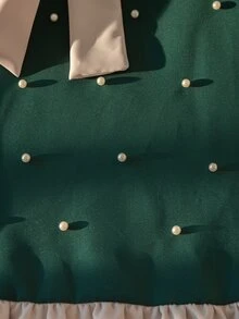 SHEIN Elladie kids 女童夏季新款珍珠蝴蝶結無袖A字裙擺荷葉邊法式仙女公主風時尚優雅洋裝，適合嬰兒派對、7歲生日，綠色 - 墨綠色 - 查看 3