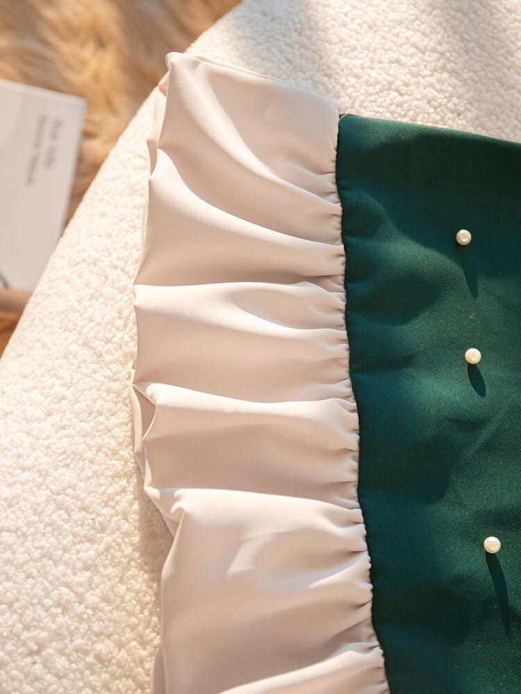 SHEIN Elladie kids Young Girl Summer New Pearl Bow Sleeveless A-Line Hem Ruffle French Style Fairy Princess Fashionable Elegant Dress Baby Shower 7th Birthday Green - Dark Green - View 5