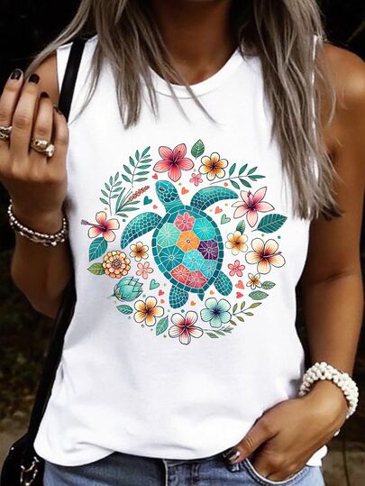 INAWLY Vacation Casual Tropical Turtle Floral Print Tank Top Beach Vacation White Summer
