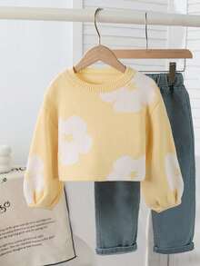SHEIN Playful Pals 女童休閒花卉圓領針織衫，適合休閒、聚會、返校秋季穿著 - 黃色 - 查看 4