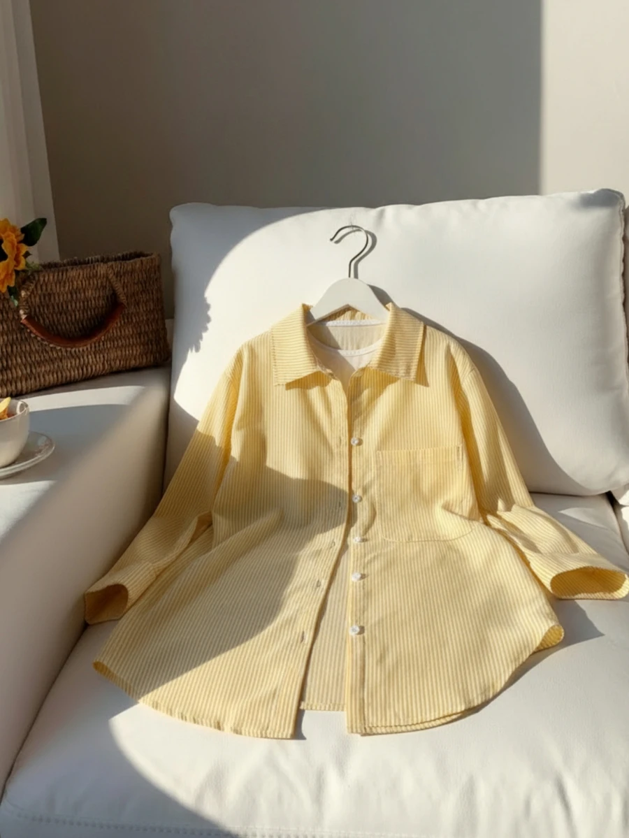 SHEIN Tween Girls Soft Striped Long Sleeve Button Up Shirt, Casual Lapel Pocket Loose Top For Spring Autumn - Yellow - View 1