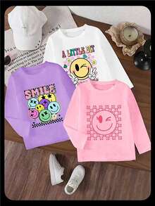 SHEIN 3pcs Young Girls Casual Cute Comfortable White Purple Baby Pink Cartoon Smiling Face Letter Print Long Sleeve Crew Neck T-Shirts Versatile Tops School - Multicolor - View 1