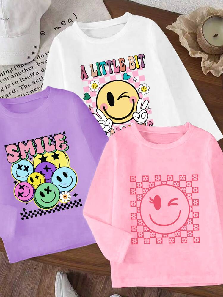 SHEIN 3件裝少女休閒可愛舒適白色紫色嬰兒粉卡通笑臉字母印花長袖圓領T恤百搭上衣校園風 - 彩色 - 查看 3