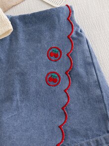 Genkimix Kids 2pcs/Set Young Girls Summer School New Textured Knit Fabric Collared Heart Vest Top & Denim Skort Ruffled Embroidered Cherry Floral Vintage Outfit - Multicolor - View 5