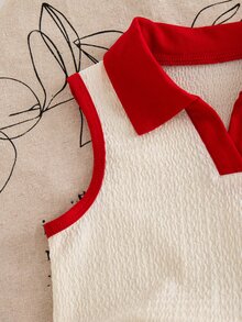 Genkimix Kids 2pcs/Set Young Girls Summer School New Textured Knit Fabric Collared Heart Vest Top & Denim Skort Ruffled Embroidered Cherry Floral Vintage Outfit - Multicolor - View 6