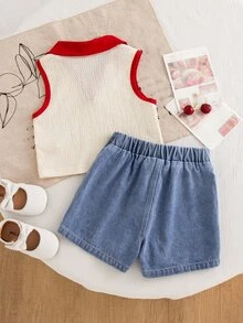 Genkimix Kids 2pcs/Set Young Girls Summer School New Textured Knit Fabric Collared Heart Vest Top & Denim Skort Ruffled Embroidered Cherry Floral Vintage Outfit - Multicolor - View 2