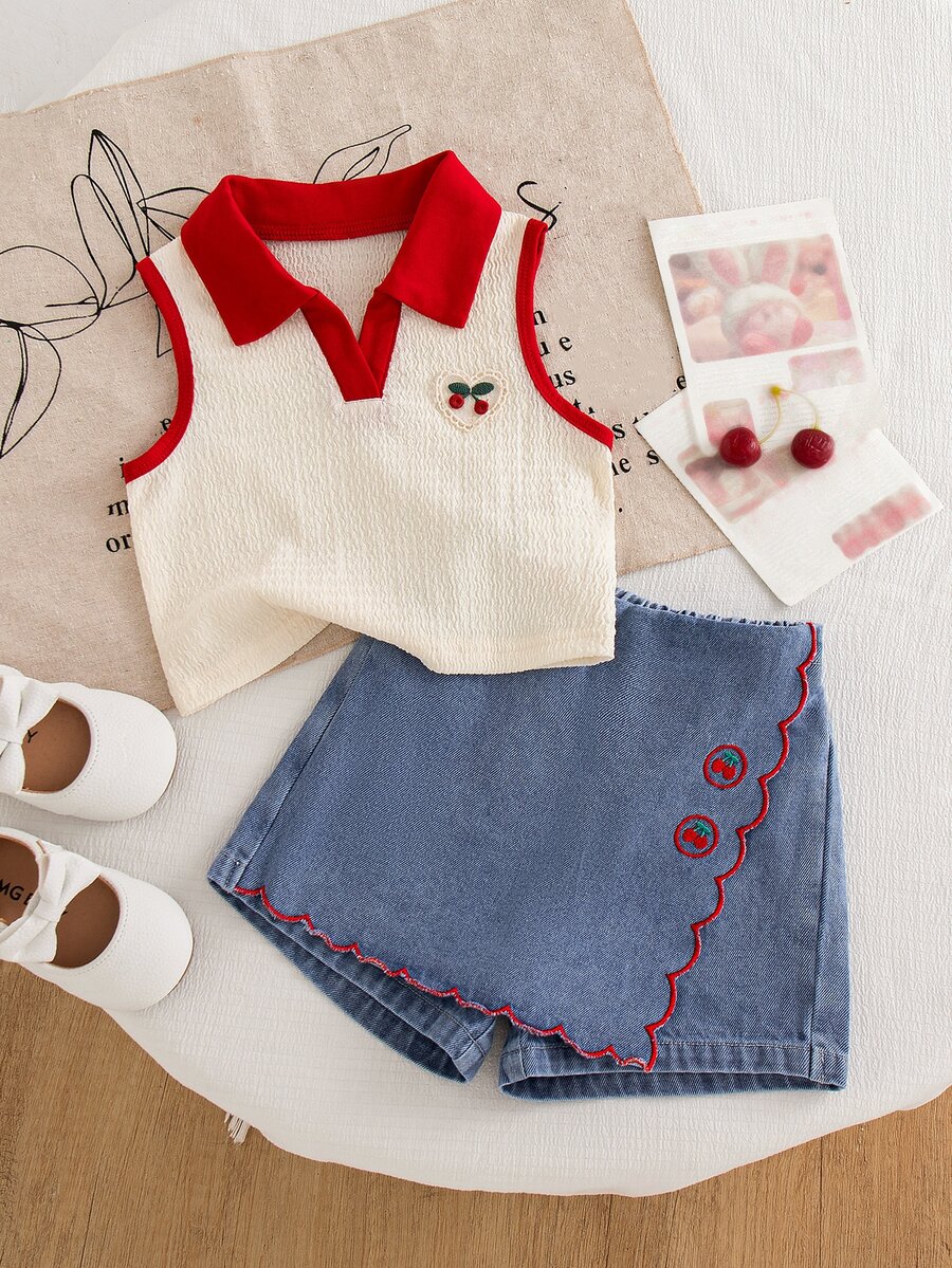 Genkimix Kids 2pcs/Set Young Girls Summer School New Textured Knit Fabric Collared Heart Vest Top & Denim Skort Ruffled Embroidered Cherry Floral Vintage Outfit - Multicolor - View 1
