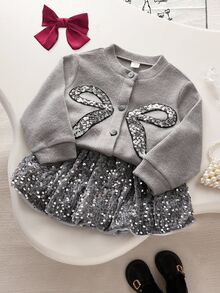 SHEIN 秋季新款韓系小眾極簡女童休閒日常套裝 7歲生日可愛小女孩套裝 棕色白色 聖誕 - 灰色 - 查看 4