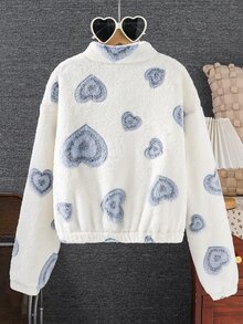 SHEIN 青少年女孩毛茸茸抓絨夾克 藍色愛心印花 拉鍊開襟 泰迪外套 立領 蓬鬆 秋冬保暖 休閒外套 - 藍色 - 查看 2