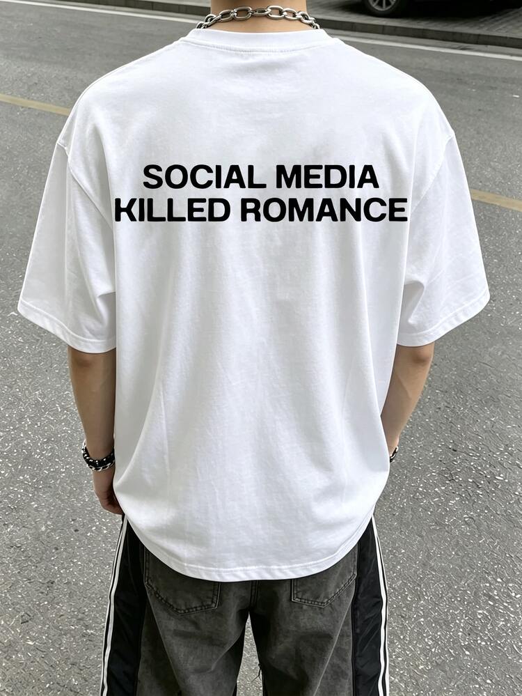 Resyla Men Social Media Kills Romance Graphic Text Print Round Neck Men T-Shirt - White - View 5