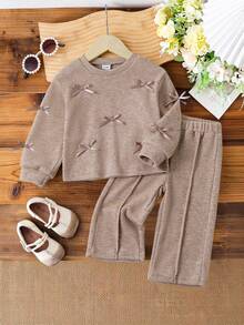 SHEIN 2pcs Baby Girls' Bow Decor Long Sleeve Top And Pants Set,Suitable For Spring, Autumn And Winter, Daily Wear - Pink - View 3