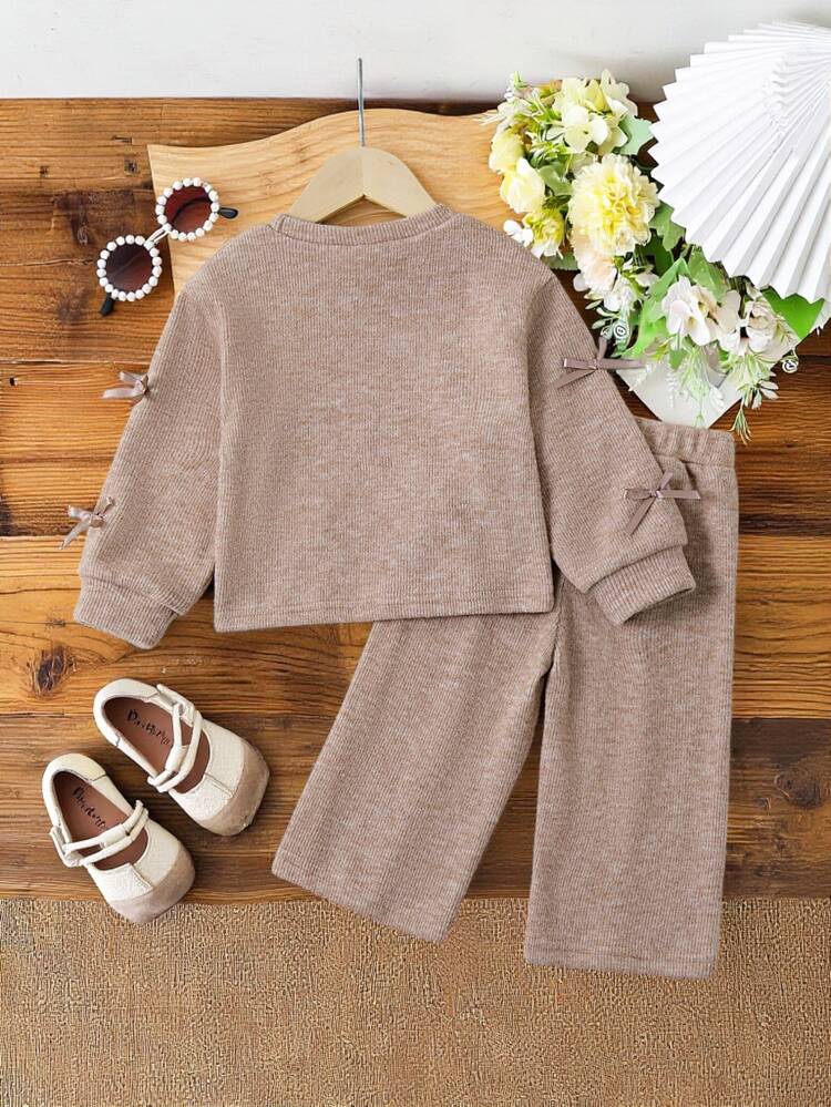 SHEIN 2pcs Baby Girls' Bow Decor Long Sleeve Top And Pants Set,Suitable For Spring, Autumn And Winter, Daily Wear - Pink - View 2