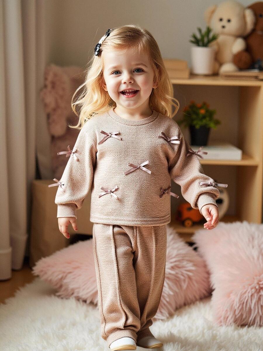 SHEIN 2pcs Baby Girls' Bow Decor Long Sleeve Top And Pants Set,Suitable For Spring, Autumn And Winter, Daily Wear - Pink - View 1