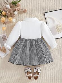 SHEIN Playful Pals 女嬰領口泡泡袖 2 合 1 A 字洋裝 黑白格紋 優雅可愛 秋季生日派對 半正式 秋冬俏皮 - 黑與白 - 查看 2