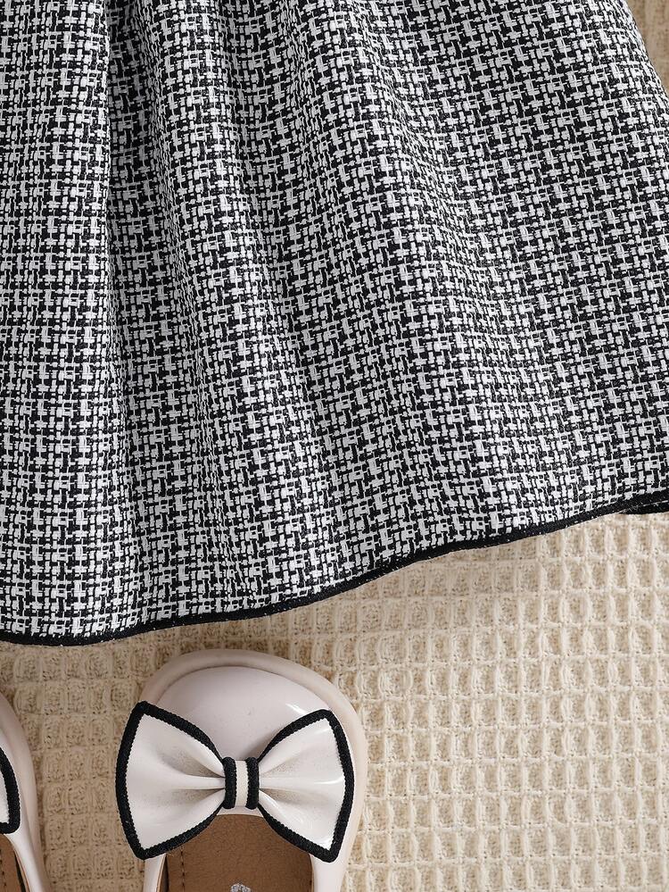 SHEIN Playful Pals Baby Girls' Collar Puff Sleeve 2 In 1 A-Line Dress Black And White Checkered Elegant Cute Autumn Birthday Party Semi-Formal Fall Winter Playful - Black and White - View 5
