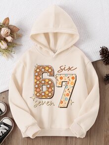秋冬季少女休闲时尚创意个性化清新优雅简约数字67彩色花叶星空设计字母标语印花舒适卫衣 - 卡其色 - 查看 3