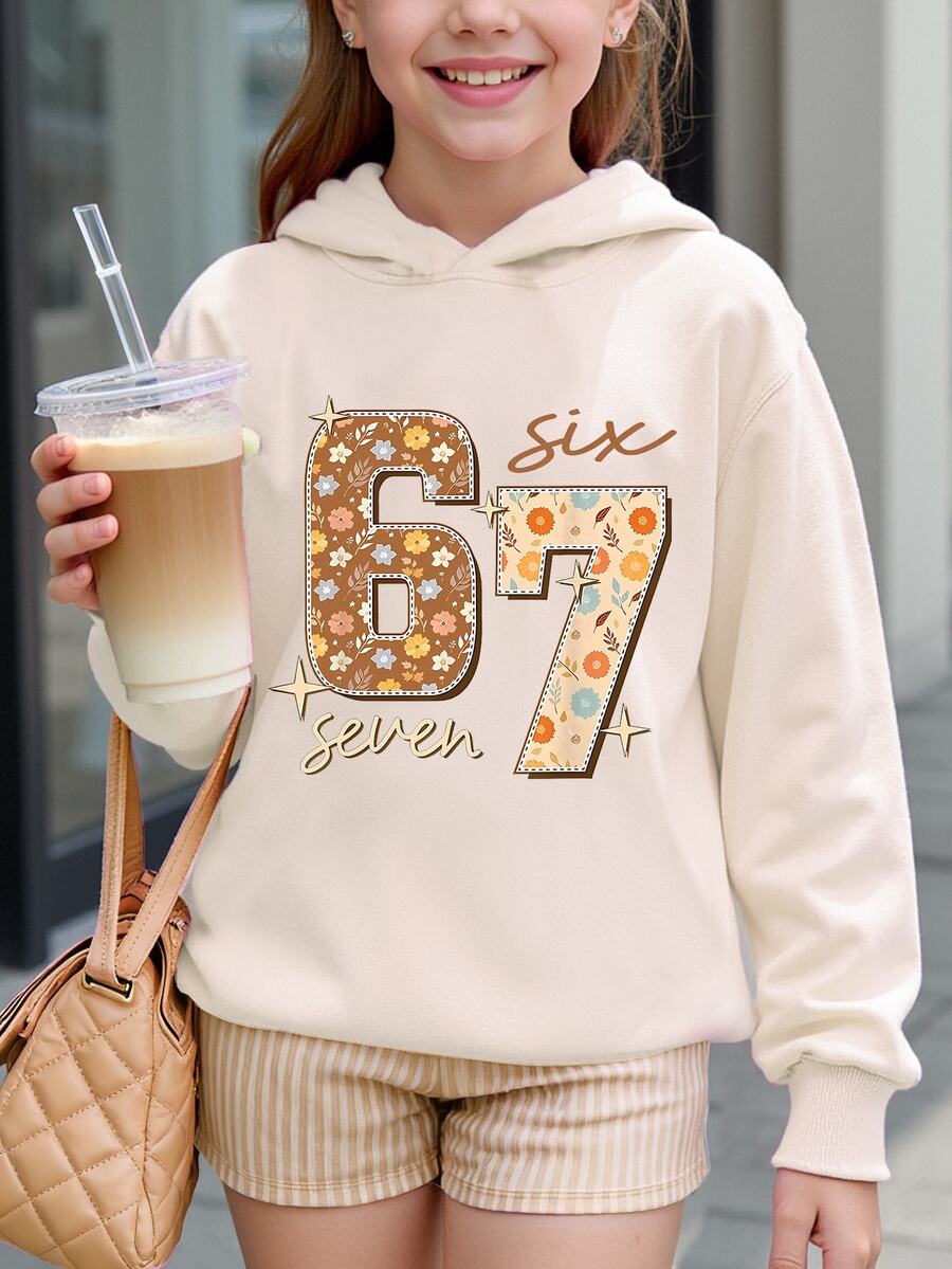 秋冬季少女休闲时尚创意个性化清新优雅简约数字67彩色花叶星空设计字母标语印花舒适卫衣 - 卡其色 - 查看 1