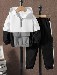 SHEIN Explorewe 2pcs/Set Young Boy Contrast Color Block Long Sleeve Half-Zip Hooded Casual Outfit Hodddie Autumn Fall White - Black and White - View 2