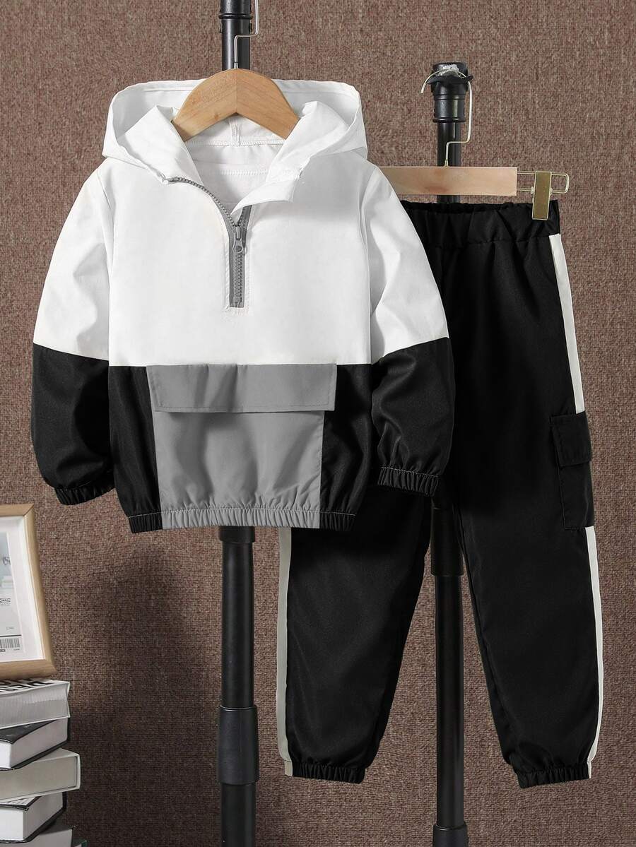 SHEIN Explorewe 2pcs/Set Young Boy Contrast Color Block Long Sleeve Half-Zip Hooded Casual Outfit Hodddie Autumn Fall White