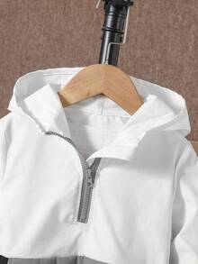 SHEIN Explorewe 2pcs/Set Young Boy Contrast Color Block Long Sleeve Half-Zip Hooded Casual Outfit Hodddie Autumn Fall White - Black and White - View 7