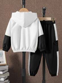 SHEIN Explorewe 2pcs/Set Young Boy Contrast Color Block Long Sleeve Half-Zip Hooded Casual Outfit Hodddie Autumn Fall White - Black and White - View 3