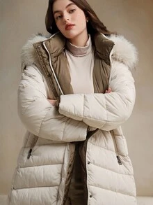 Anewsta Plus Size Women Long Reversible Thick Detachable Fur Collar Hooded Zip-Up Winter Jacket - Beige - View 6