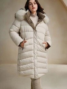 Anewsta Plus Size Women Long Reversible Thick Detachable Fur Collar Hooded Zip-Up Winter Jacket - Beige - View 5