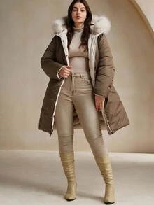 Anewsta Plus Size Women Long Reversible Thick Detachable Fur Collar Hooded Zip-Up Winter Jacket - Beige - View 4