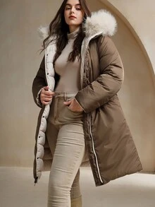 Anewsta Plus Size Women Long Reversible Thick Detachable Fur Collar Hooded Zip-Up Winter Jacket - Beige - View 2