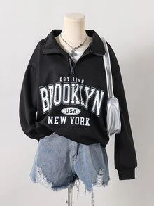 Tween Girls Letter Print Half Zip Sweatshirt Preppy Black Drop Shoulder Quarter Zip Pullover Top - Black - View 1