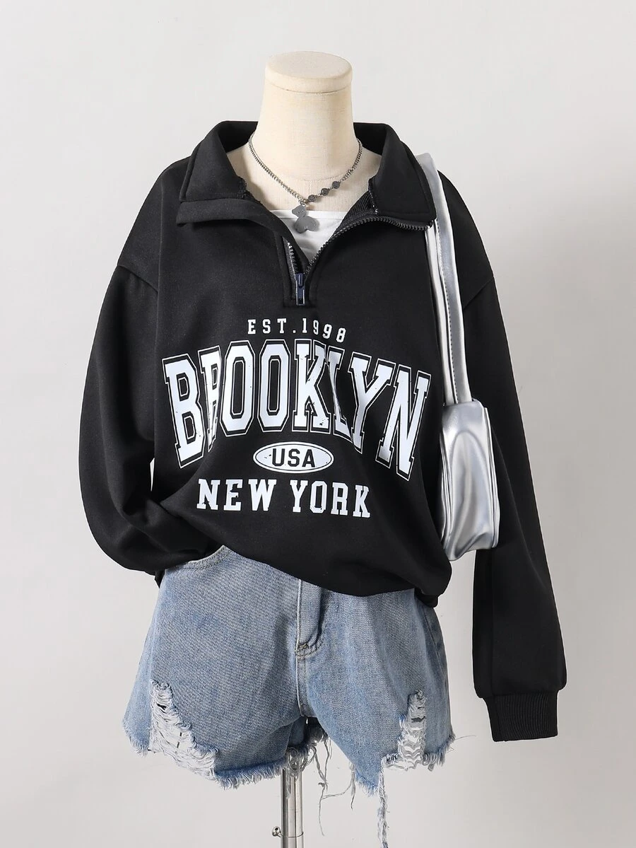 Tween Girls Letter Print Half Zip Sweatshirt Preppy Black Drop Shoulder Quarter Zip Pullover Top - Black - View 1