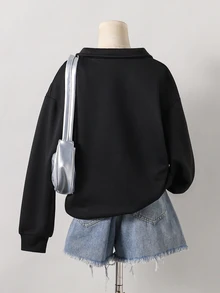 Tween Girls Letter Print Half Zip Sweatshirt Preppy Black Drop Shoulder Quarter Zip Pullover Top - Black - View 2