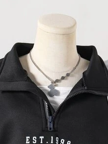 Tween Girls Letter Print Half Zip Sweatshirt Preppy Black Drop Shoulder Quarter Zip Pullover Top - Black - View 5
