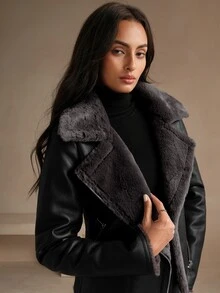 Anewsta Women's Black PU Leather Composite Faux Rabbit Fur Collar Jacket - Black - View 7
