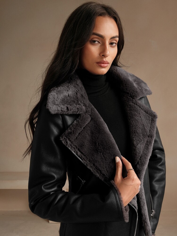 Anewsta Women's Black PU Leather Composite Faux Rabbit Fur Collar Jacket - Black - View 6