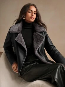 Anewsta Women's Black PU Leather Composite Faux Rabbit Fur Collar Jacket - Black - View 4