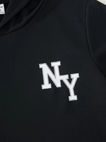 SHEIN 男童街頭風運動休閒套裝 黑白配色連帽套頭衛衣口袋收口運動長褲 秋季校園運動 - 黑色 - 查看 8