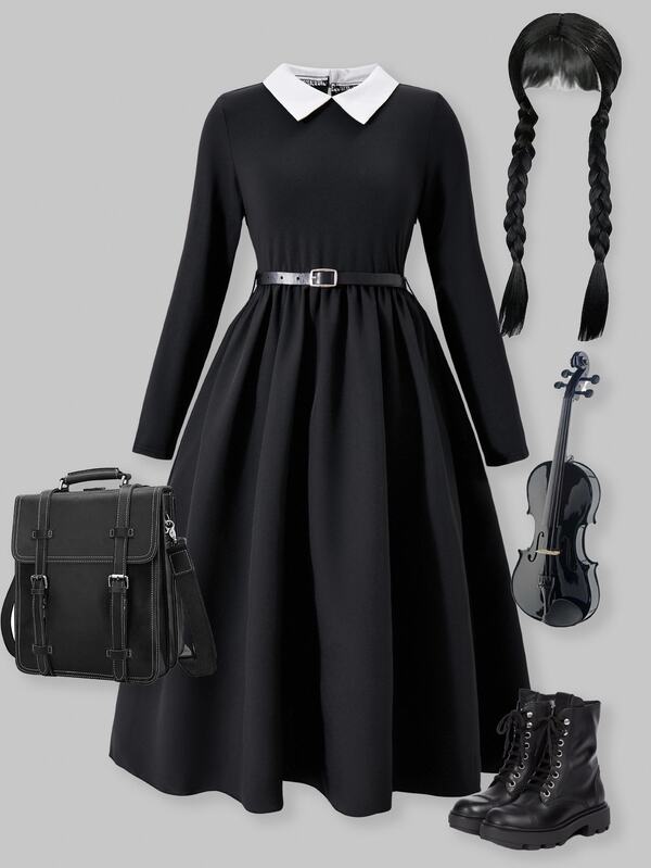 SHEIN Sparklyn Tween Girl Contrast Color Collar Long Sleeve Casual School Style Dress Fall Winter