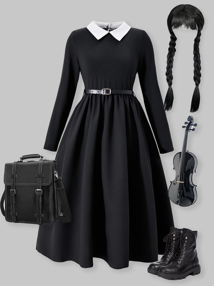 SHEIN Sparklyn Tween Girl Contrast Color Collar Long Sleeve Casual Goth Clean Girl Aesthetic School Style Dress Autumn Halloween School Party Black And White - Black - View 1