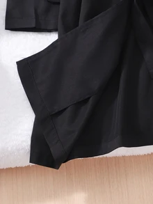 SHEIN Elladie kids 青少年女孩翻領風衣，純黑色長款外套附腰帶，休閒秋季風衣 - 黑色 - 查看 9