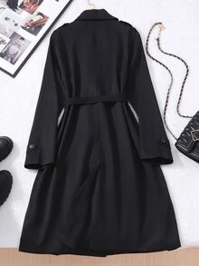 SHEIN Elladie kids 青少年女孩翻領風衣，純黑色長款外套附腰帶，休閒秋季風衣 - 黑色 - 查看 3