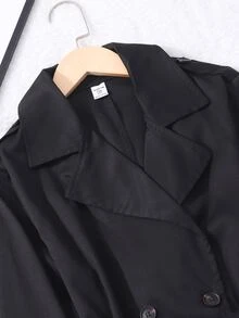 SHEIN Elladie kids 青少年女孩翻領風衣，純黑色長款外套附腰帶，休閒秋季風衣 - 黑色 - 查看 7