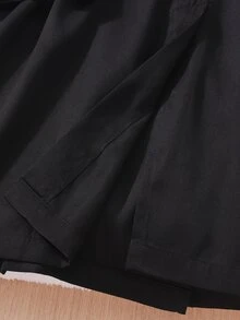 SHEIN Elladie kids 青少年女孩翻領風衣，純黑色長款外套附腰帶，休閒秋季風衣 - 黑色 - 查看 8