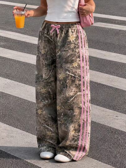 SHEIN Sparklyn Tween Girls Fall High Waist Athletic Streetwear Y2k Street Sporty Full Print Contrast Dark Brown Side Wide Leg Pants Autumn School Sports