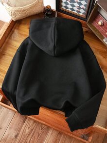 SHEIN 女童休閒時尚粉色蝴蝶結 67 數字印花基本款連帽衛衣，秋季穿搭 - 黑色 - 查看 2