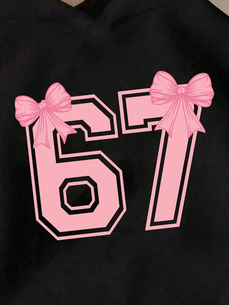 SHEIN Tween Girl Pink And Black,Autumn,Cute,School,Back-To-School Sweatshirt,Personalized Number 67 & Bow Graphic Print,Cozy Fall & Winter Fashion Styles - Black - View 3